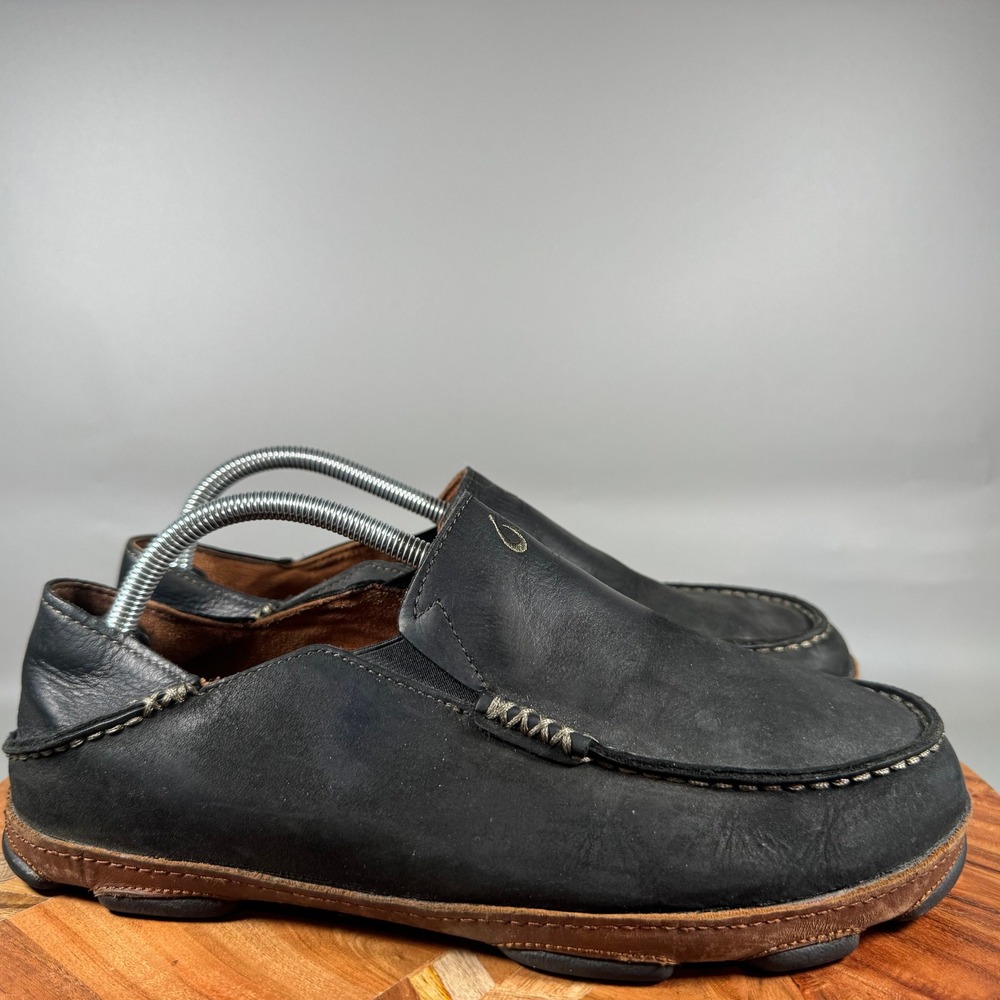 OluKai Moloa Mens Black Leather Slip On Loafers Shoes 10128-4033 Size 9.5